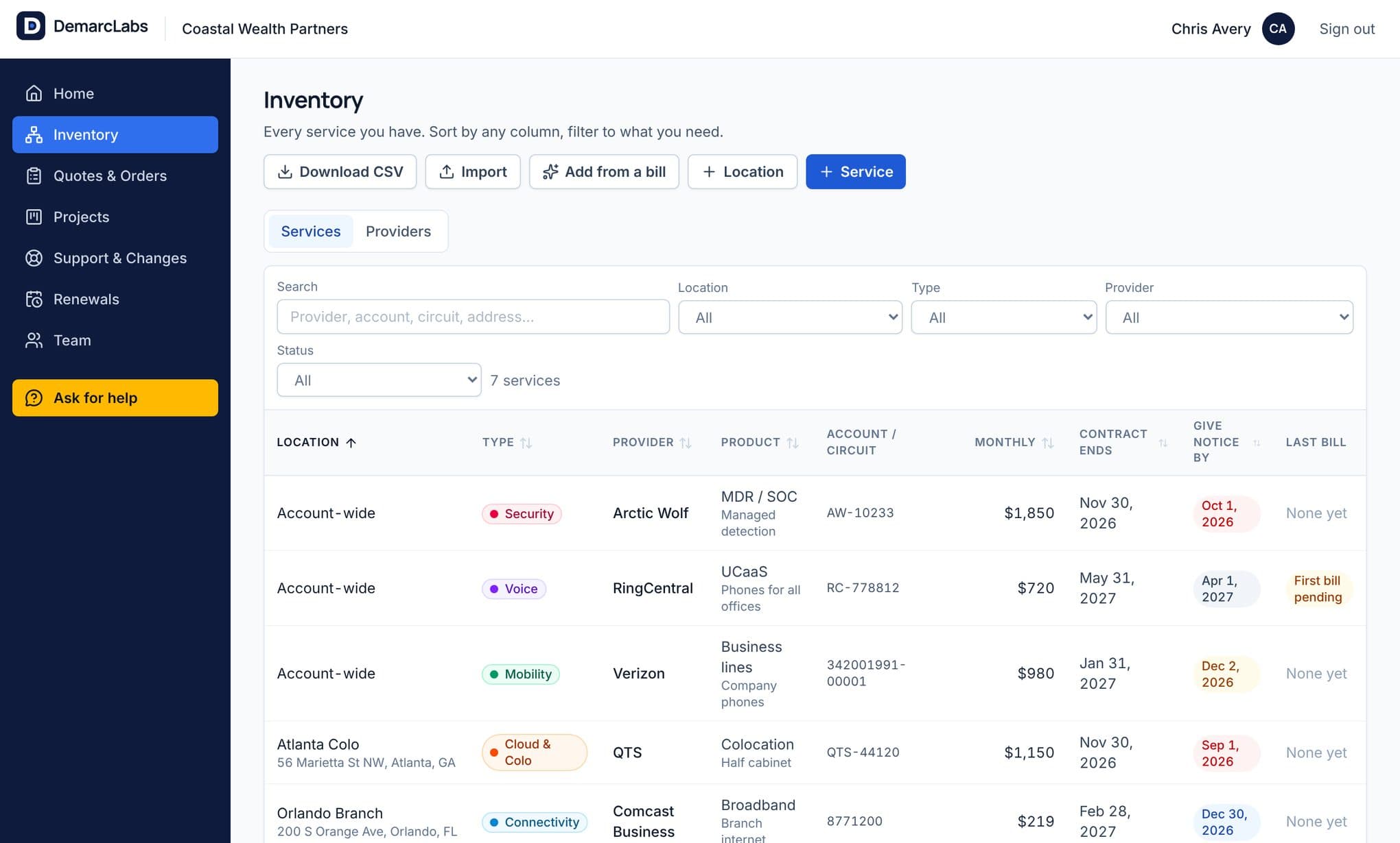 The Inventory grid listing services with provider, product, location, monthly cost and contract dates